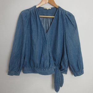 Madewell Womens Medium Blue Denim 3/4 Sleeve Wrap Top Shirt Blouse Cotton Blend